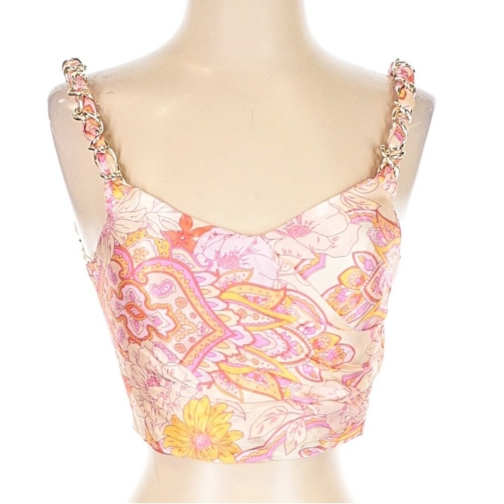 Zara Sasha Floral Smocked Crop Top Pink Orange Boho Festival Bralette Women’s XS - Picture 2 of 5
